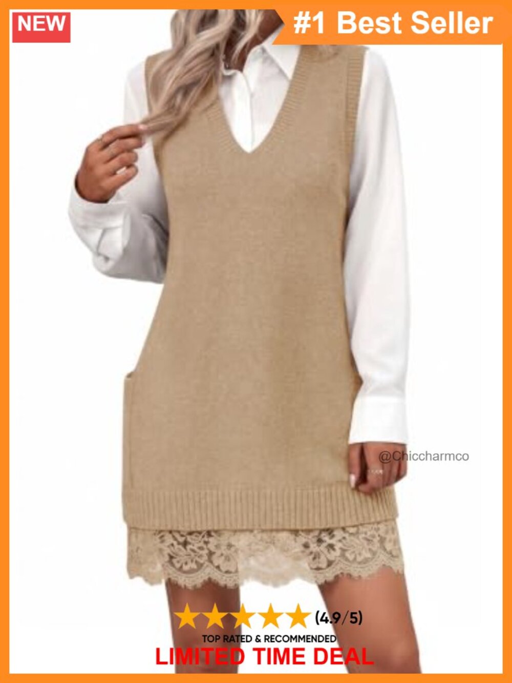 Womens V Neck Tunic Sweater Vest Lace Patchwork Sleeveless Tank